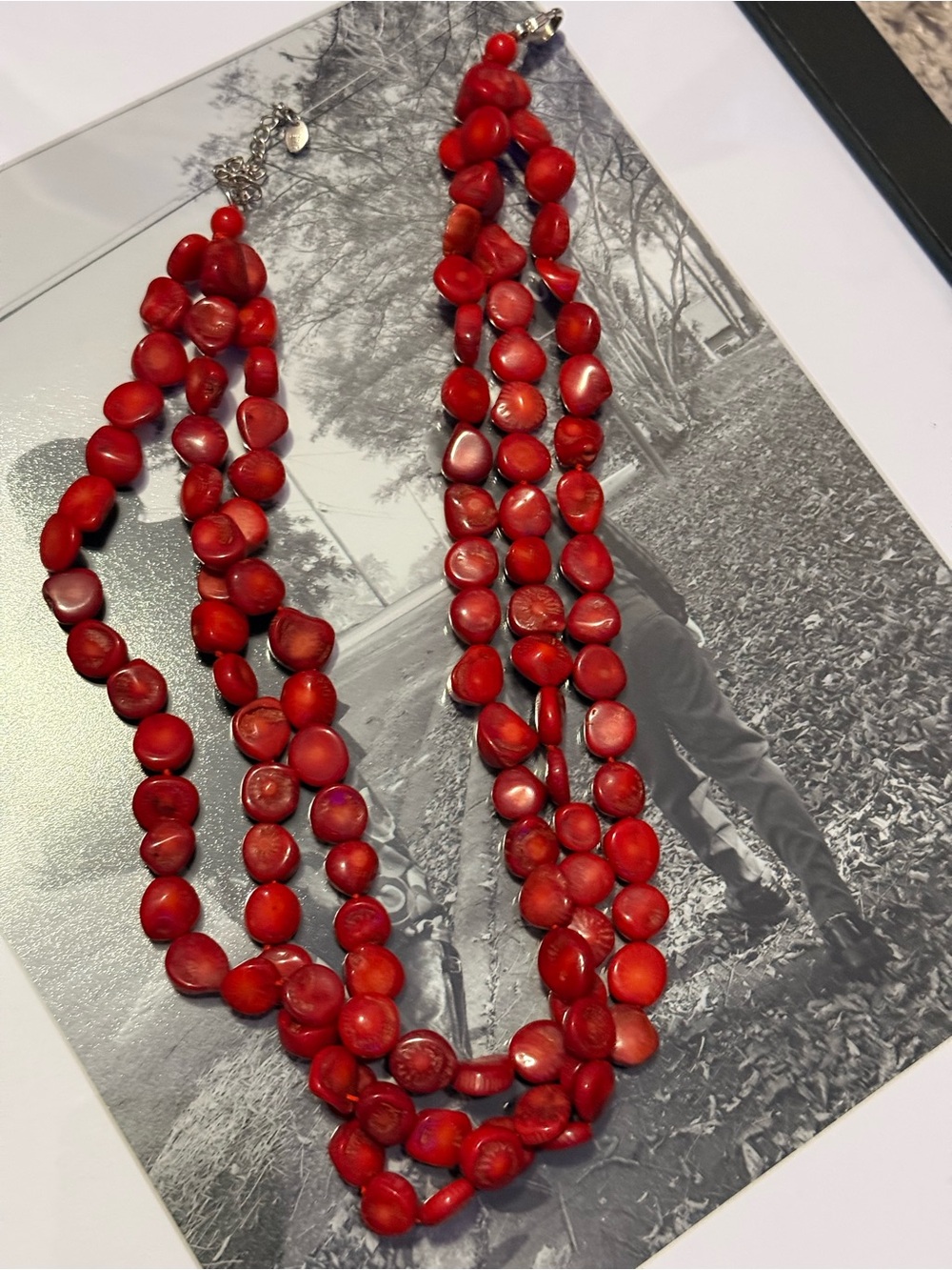 Vntg Lucas Lameth 925 Sterling Silver Red Sponge Coral Multi Strand necklace